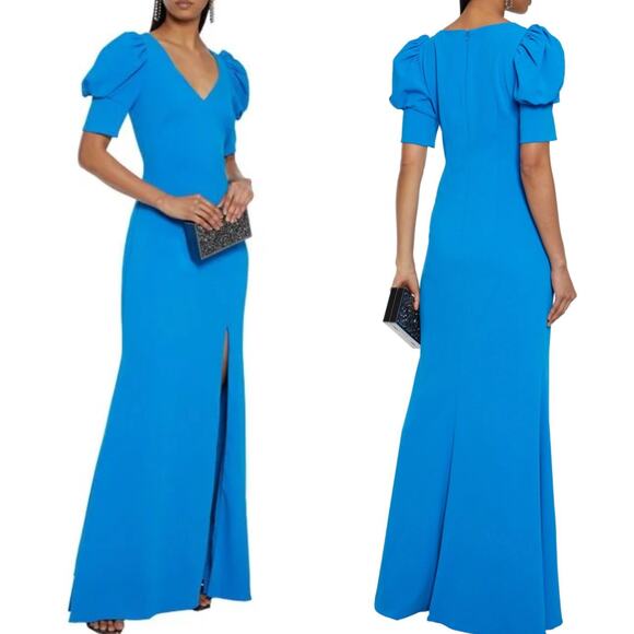 Badgley Mischka Odessa Split Front Crepe Gown V-Neck Puff Sleeves Blue Size 0 - Picture 15 of 15